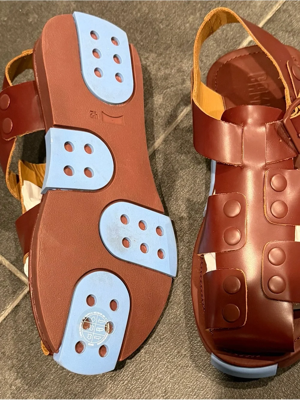 Camper Men's Burgundy Leather Fisherman Sandals with Light Blue Accents